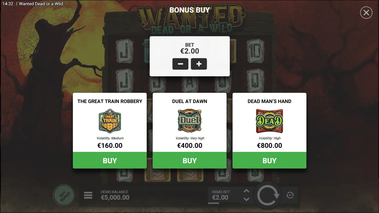 Wanted Dead or a Wild Hacksaw Gaming bonus buy interface showing three purchase options