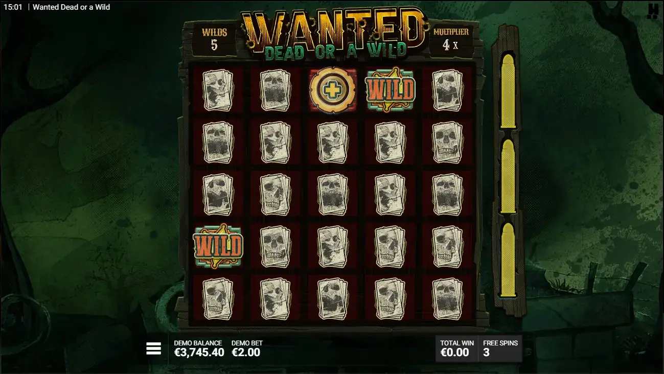 Wanted Dead or a Wild UK dead mans hand collection phase showing stored wilds and multiplier meters