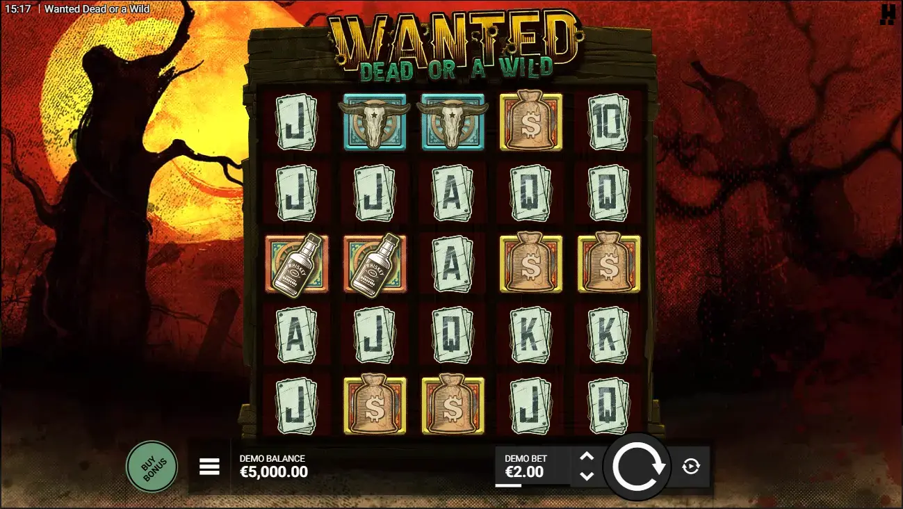 Wanted Dead or a Wild slot base game showing dusty frontier town with wanted posters