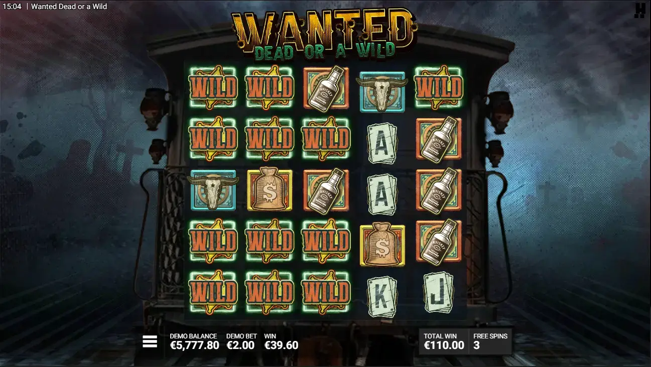 Wanted Dead or a Wild casino train robbery bonus with sticky wilds locked across grid